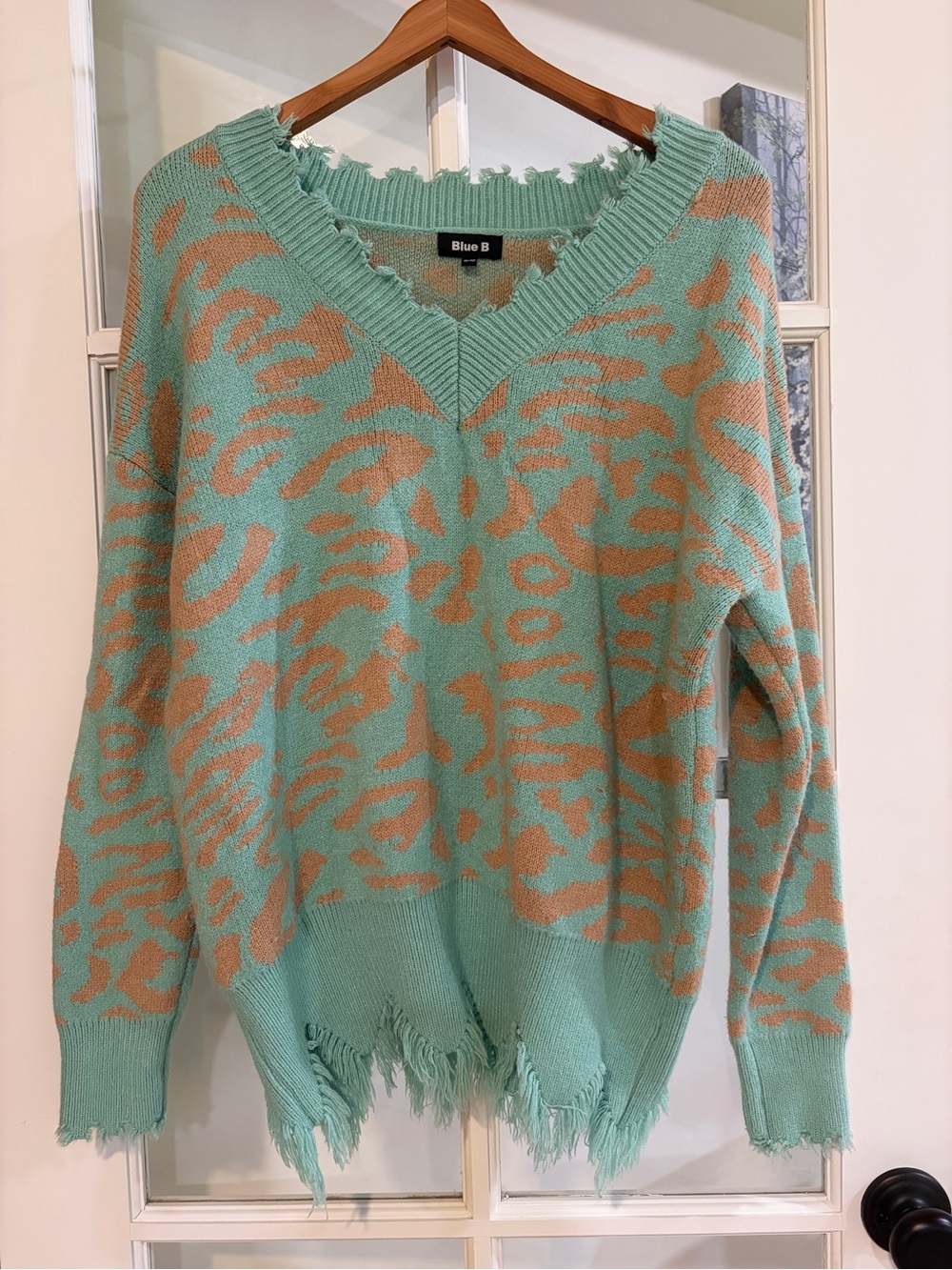 Blue B Mint Green Tan Leopard Print V Neck Sweater Distressed Fringe Trim Boho